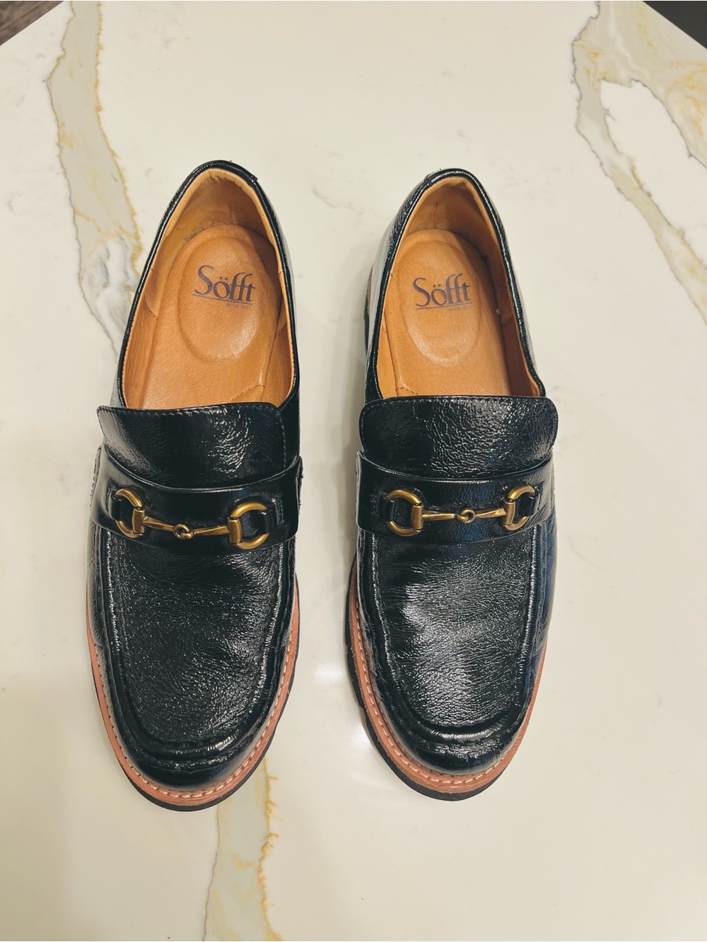 Söfft Women’s Black Chunky Crinkle Leather Loafers with Gold Horsebit Hardware - Picture 3 of 6